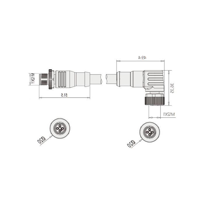 M12 4Pin T-coded、母头90°转公头直型、双端预铸PUR柔性电缆、黑色护套、64TD45-XXX